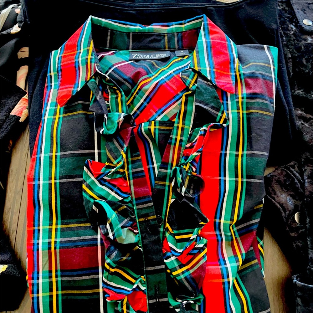 Ruffled front NYC Funky tartan blouse!